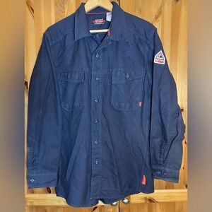 Bulwark FR Men's Large Button Down Navy Blue Long Sleeve Work Shirt IQ Series